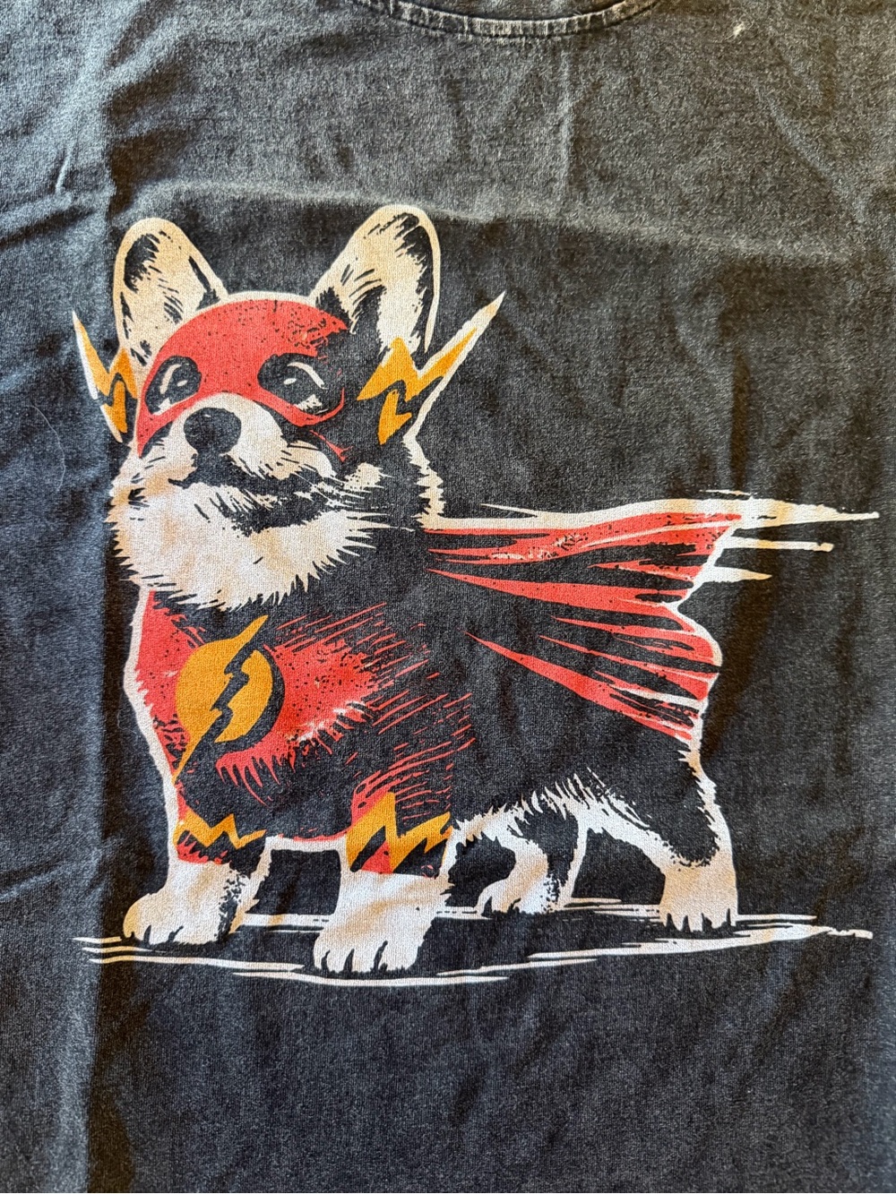 Black Corgi Superhero Graphic Dog T-Shirt - Red & Yellow Design